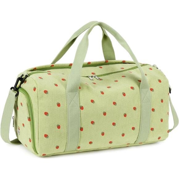 Duffle Bag Girls Kids Cute Gym Bag Strawberry Corduroy Green - Picture 1 of 1